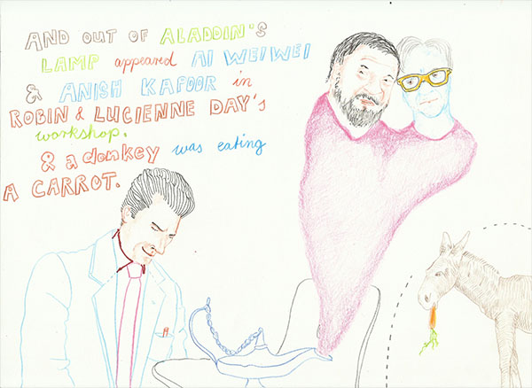 drawing of Ai Weiwei Robin and Lucienne Day and Anish Kapoor by Jay Rechsteiner