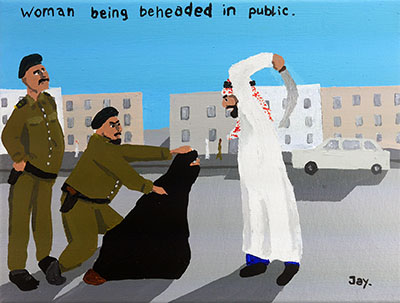 Bad Painting 59 by Jay Rechsteiner: woman being beheaded in public.