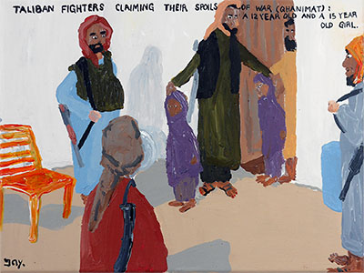 Taliban fighter claiming their spoils of war (qhanimat): a 12 year old and a 15 year old girl. Bad Painting 219 by Jay Rechsteiner