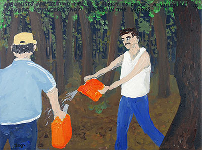Bad Painting 225 by Jay Rechsteiner / wildfires in Greece, arsonist, refugees hiding in forest, racist
