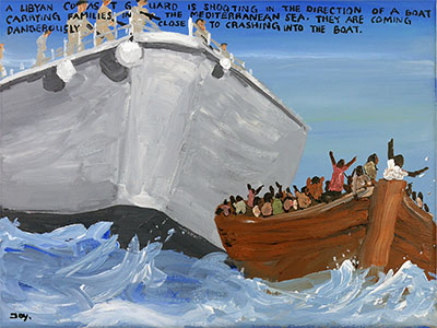 Bad Painting 236 by Jay Rechsteiner / Libyan coastguard, refugee boat, EU, european states support, mediterranean