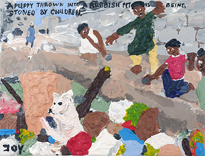Bad Painting 249, Afghanistan, children stoning a puppy, animal cruelity, animal rights