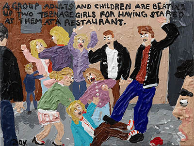 Bad Painting 255 by Jay Rechsteiner, family beating up two teenage girls in Norwich after dinner at Chinese restaurant