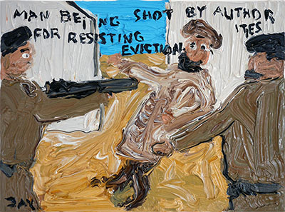 Bad Painting 370 by Jay Rechsteiner, Saudi Authorities shooting man for resisting eviction. They want the land to build a future Eco City