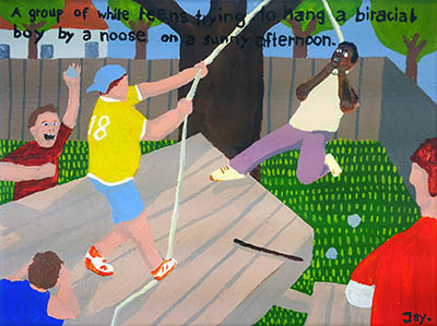 Bad Painting 68 by Jay Rechsteiner - white teens trying to hang a biracial boy by a noose
