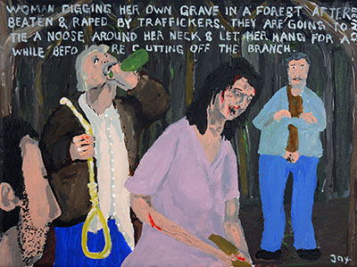 Bad Painting 79 by Jay Rechsteiner, sex traffickers in a forest