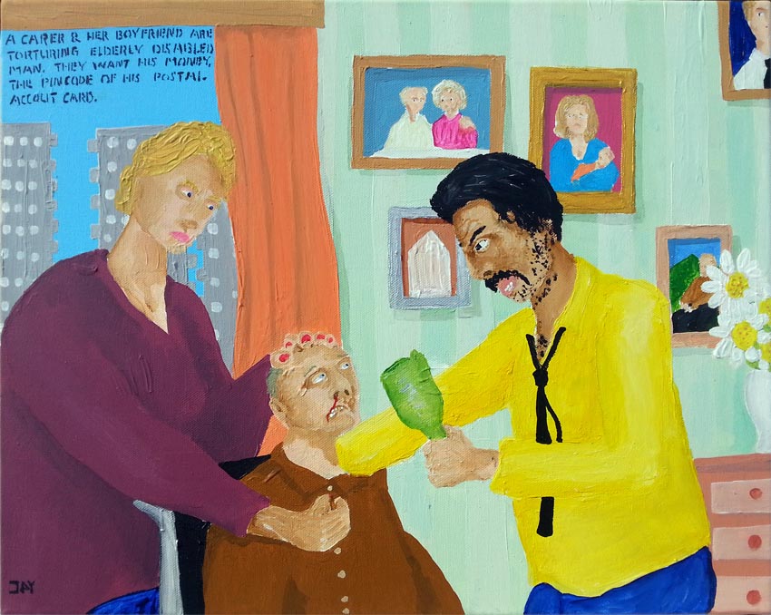 Bad Painting by Jay Rechsteiner, Carer and her boyfriend are torturing elderly disabled man. They want his money, the pincode of his postal account card