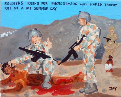 Bad Painting by Jay Rechsteiner, Soldiers posing for photographs with naked tropy kill on a hot summer