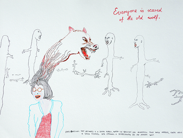 Everyone is scared of the old wolf, drawing by Jay Rechsteiner, drawing by Jay Rechsteiner