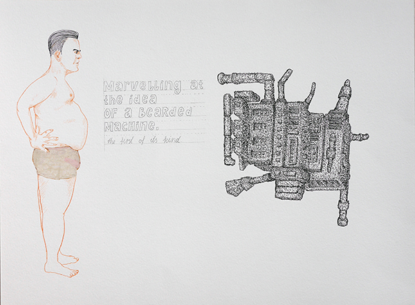 Marvelling at the idea of a bearded machine, drawing by Jay Rechsteiner